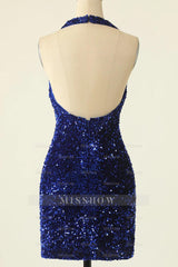Misshow Sparkly Green Halter Sequins Backless Tight Short Homecoming Dress/Mini Dress