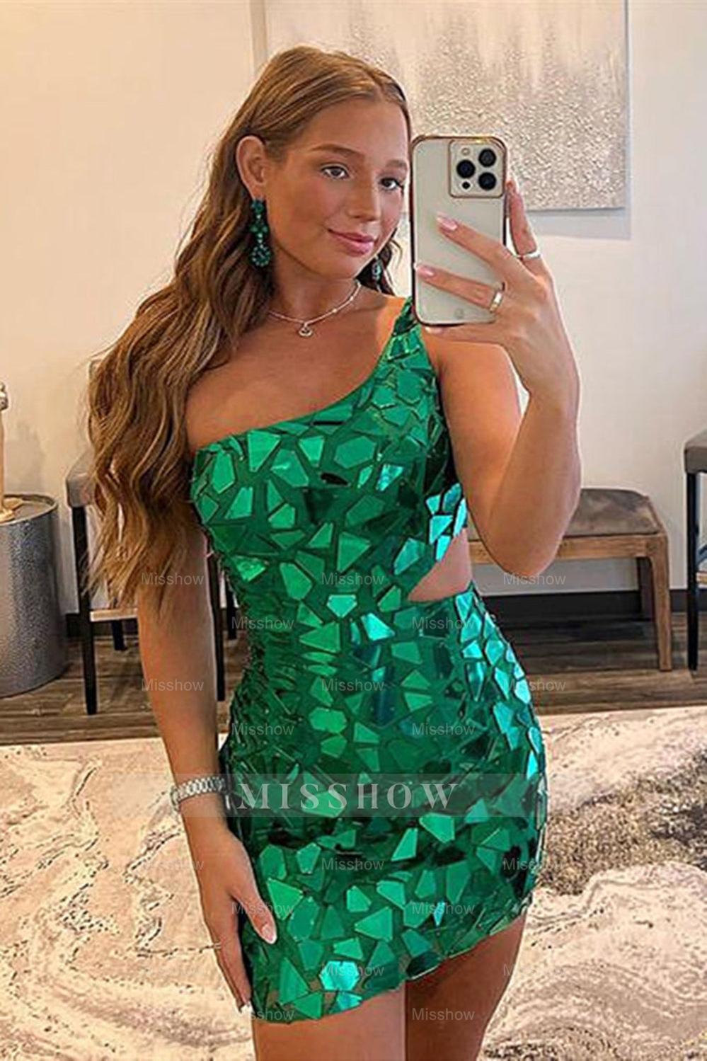 Misshow Sparkly Green One Shoulder Mirror Tight Short Homecoming Dress/Mini Dress with Sequins