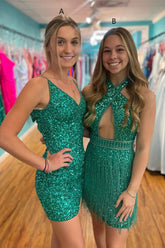 Misshow Sparkly Green Open Back Sequins Tight Short Hoco Dress