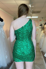 Misshow Sparkly Green Sequined One Shoulder Tight Short Homecoming Dress/Mini Dress