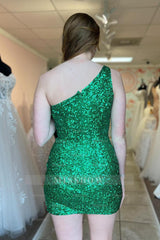 Misshow Sparkly Green Sequined One Shoulder Tight Short Homecoming Dress/Mini Dress