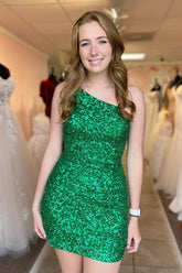 Misshow Sparkly Green Sequined One Shoulder Tight Short Homecoming Dress/Mini Dress