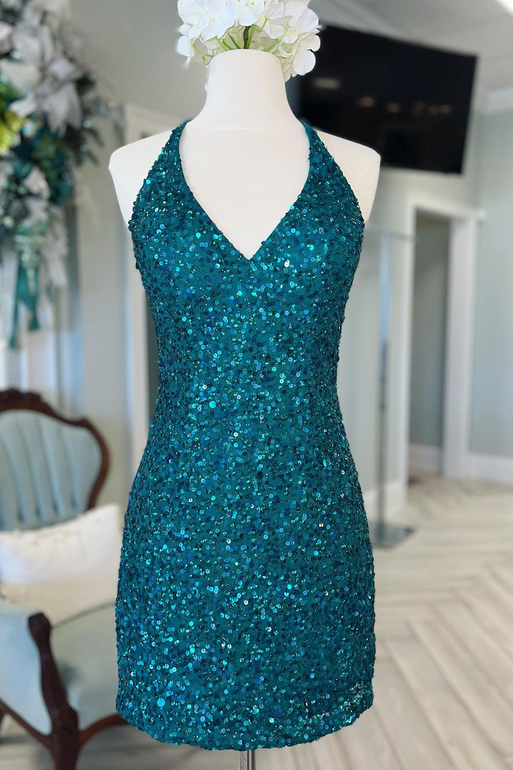Misshow Sparkly Green Sequins Backless Tight Short Homecoming Dress/Mini Dress