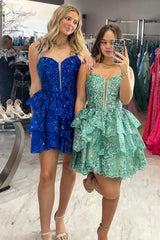 Misshow Sparkly Green Sequins Corset Short Homecoming Dress/Mini Dress With Ruffles