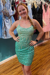 Misshow Sparkly Green Sequins Lace-Up Back Tight Homecoming Dress/Mini Dress