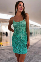Misshow Sparkly Green Spaghetti Straps Backless Sequins Tight Short Homecoming Dress/Mini Dress