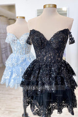 Misshow Sparkly Grey A-Line Tiered Lace Short Homecoming Dress/Mini Dress