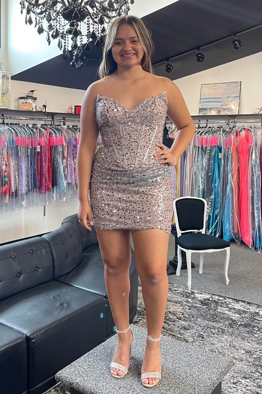 Misshow Sparkly Grey Pink Sequin Corset Tight Short Homecoming Dress/Mini Dress