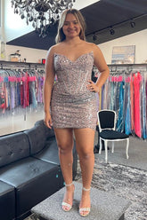 Misshow Sparkly Grey Pink Sequin Corset Tight Short Homecoming Dress/Mini Dress