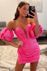 Misshow Sparkly Hot Pink Corset Detachable Sleeves Tight Short Homecoming Dress/Mini Dress