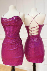Misshow Sparkly Hot Pink Corset Sequined Tight Short Homecoming Dress/Mini Dress