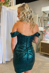 Misshow Sparkly Hot Pink Detachable Off the Shoulder Sequins Tight Homecoming Dress/Mini Dress