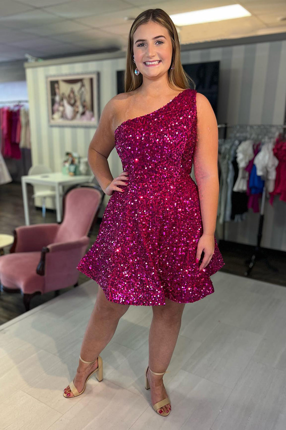 Misshow Sparkly Hot Pink One Shoulder Sequins Short Homecoming Dress/Mini Dress