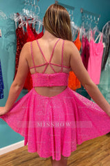 Misshow Sparkly Hot Pink Open Back Sequins A-Line Short Homecoming Dress/Mini Dress