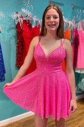 Misshow Sparkly Hot Pink Open Back Sequins A-Line Short Homecoming Dress/Mini Dress