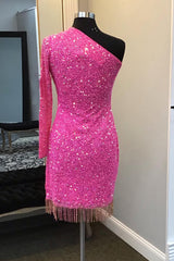 Misshow Sparkly Hot Pink Sequin Beaded Cut Out Tight Short Homecoming Dress/Mini Dress with Fringes