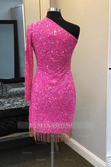 Misshow Sparkly Hot Pink Sequin Beaded Cut Out Tight Short Homecoming Dress/Mini Dress with Fringes