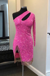 Misshow Sparkly Hot Pink Sequin Beaded Cut Out Tight Short Homecoming Dress/Mini Dress with Fringes