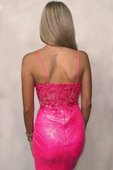 Misshow Sparkly Hot Pink Sequin Tight Short Homecoming Dress/Mini Dress with Lace