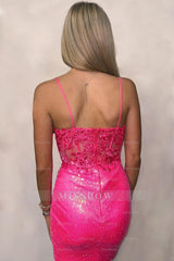 Misshow Sparkly Hot Pink Sequin Tight Short Homecoming Dress/Mini Dress with Lace