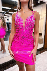 Misshow Sparkly Hot Pink Sequined Satin Tight Short Homecoming Dress/Mini Dress