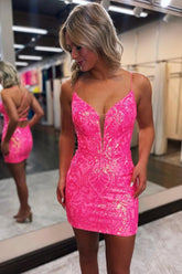 Misshow Sparkly Hot Pink Sequins Lace-Up Back Tight Short Homecoming Dress/Mini Dress