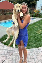 Misshow Sparkly Hot Pink Spaghetti Straps Tight Short Homecoming Dress/Mini Dress with Slit