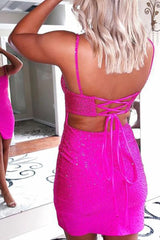 Misshow Sparkly Lace-Up Back Sequins Fuchsia Tight Short Homecoming Dress/Mini Dress
