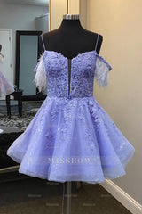 Misshow Sparkly Lavender Corset A-Line Lace Short Homecoming Dress/Mini Dress With Feathered Detachable Sleeves