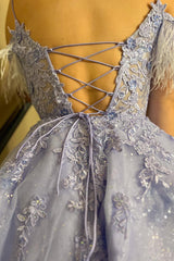 Misshow Sparkly Lavender Corset A-Line Lace Short Homecoming Dress/Mini Dress With Feathered Detachable Sleeves