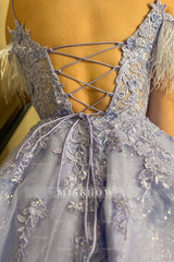 Misshow Sparkly Lavender Corset A-Line Lace Short Homecoming Dress/Mini Dress With Feathered Detachable Sleeves