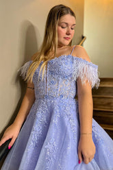 Misshow Sparkly Lavender Corset A-Line Lace Short Homecoming Dress/Mini Dress With Feathered Detachable Sleeves
