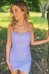 Misshow Sparkly Lavender Sequin Lace-Up Back Tight Short Homecoming Dress/Mini Dress