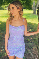 Misshow Sparkly Lavender Sequin Lace-Up Back Tight Short Homecoming Dress/Mini Dress