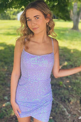 Misshow Sparkly Lavender Sequin Lace-Up Back Tight Short Homecoming Dress/Mini Dress