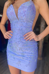 Misshow Sparkly Lavender Sequins Tight Short Satin Homecoming Dress/Mini Dress