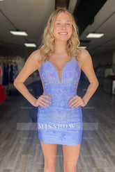 Misshow Sparkly Lavender Sequins Tight Short Satin Homecoming Dress/Mini Dress