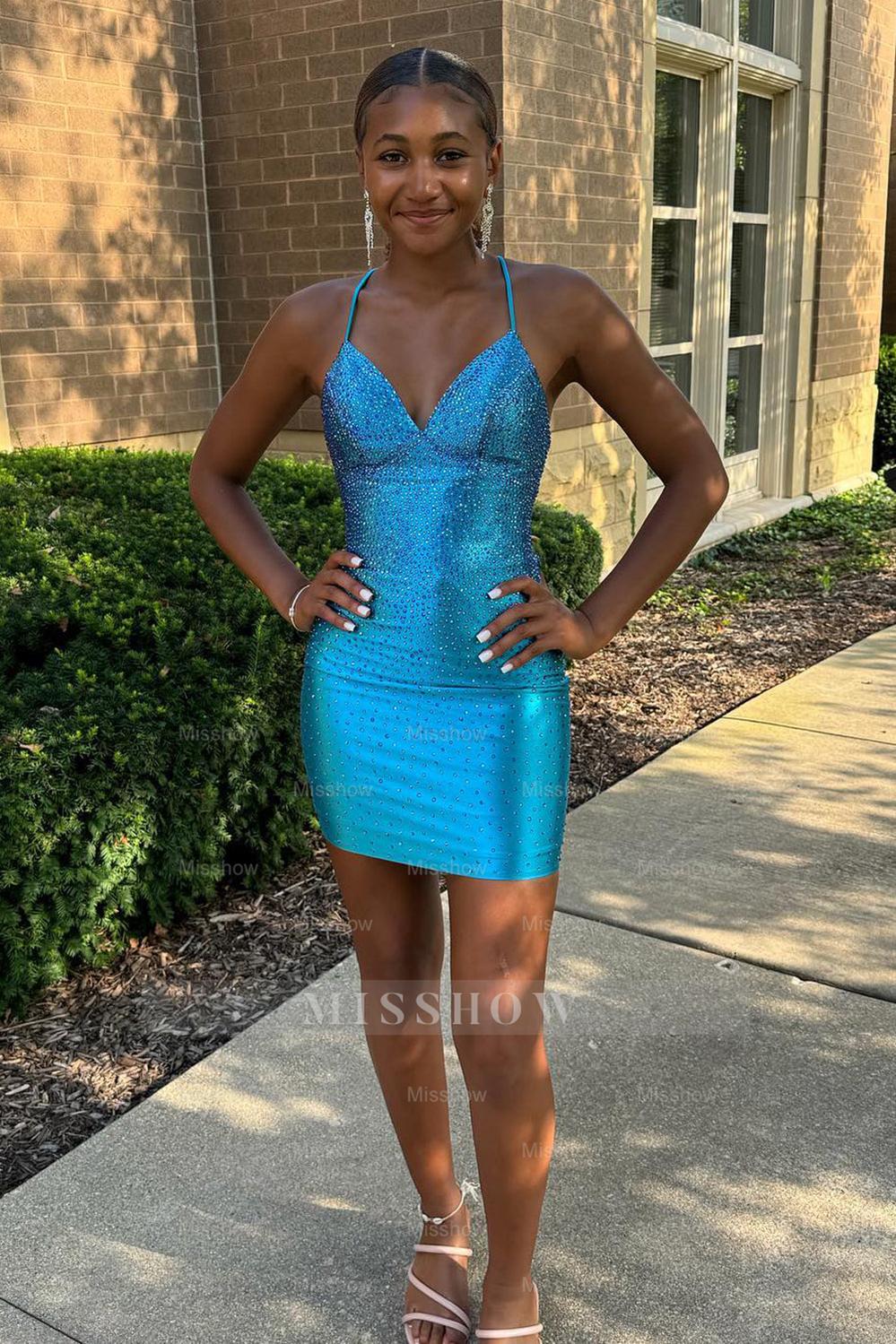 Misshow Sparkly Liaghe Beaded Tight Short Homecoming Dress/Mini Dress with Lace-Up Back
