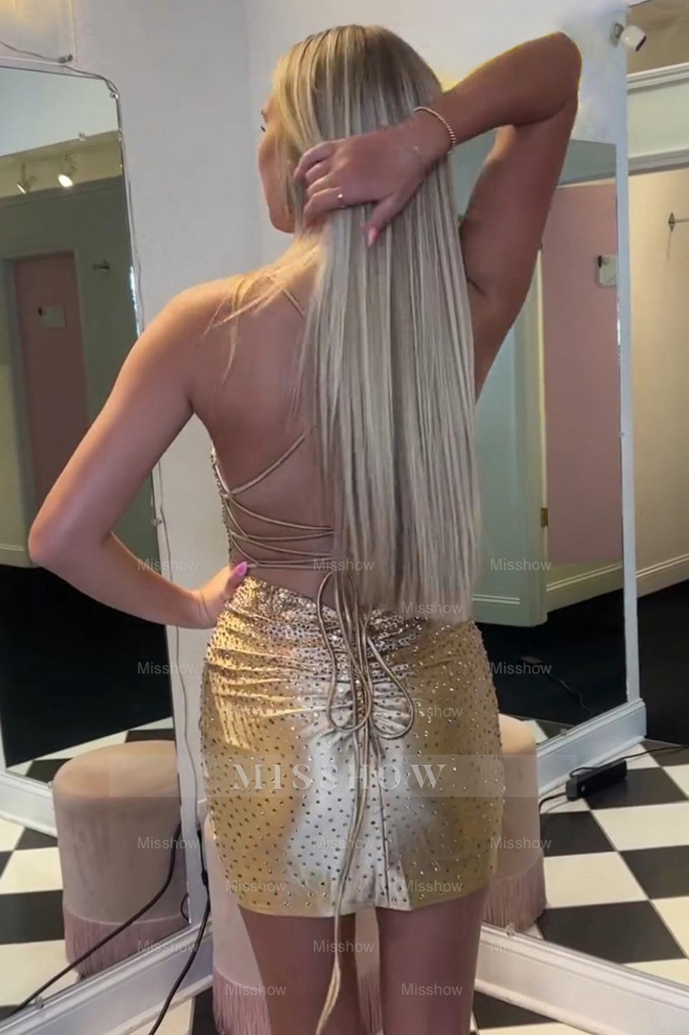 Misshow Sparkly Liaghe Beaded Tight Short Homecoming Dress/Mini Dress with Lace-Up Back