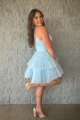 Misshow Sparkly Light Blue A-Line Tulle Tiered Short Homecoming Dress/Mini Dress