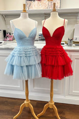 Misshow Sparkly Light Blue A-Line Tulle Tiered Short Homecoming Dress/Mini Dress