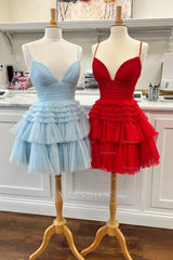 Misshow Sparkly Light Blue A-Line Tulle Tiered Short Homecoming Dress/Mini Dress