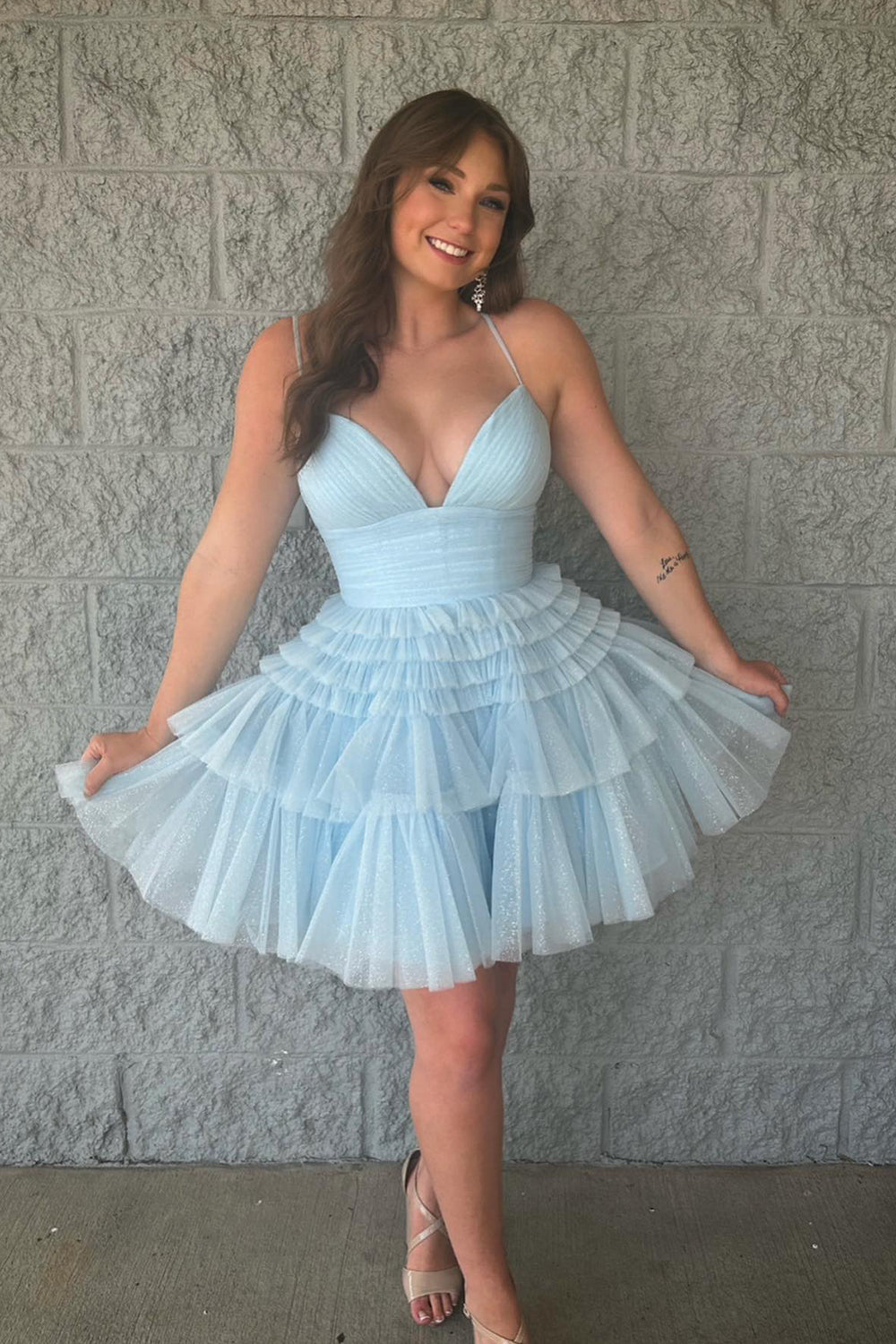 Misshow Sparkly Light Blue A-Line Tulle Tiered Short Homecoming Dress/Mini Dress