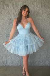 Misshow Sparkly Light Blue A-Line Tulle Tiered Short Homecoming Dress/Mini Dress