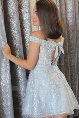 Misshow Sparkly Light Blue Lace A-Line Cut Out Short Homecoming Dress/Mini Dress