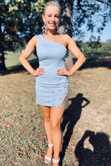 Misshow Sparkly Light Blue One Shoulder Stars Tight Short Homecoming Dress/Mini Dress with Fringes