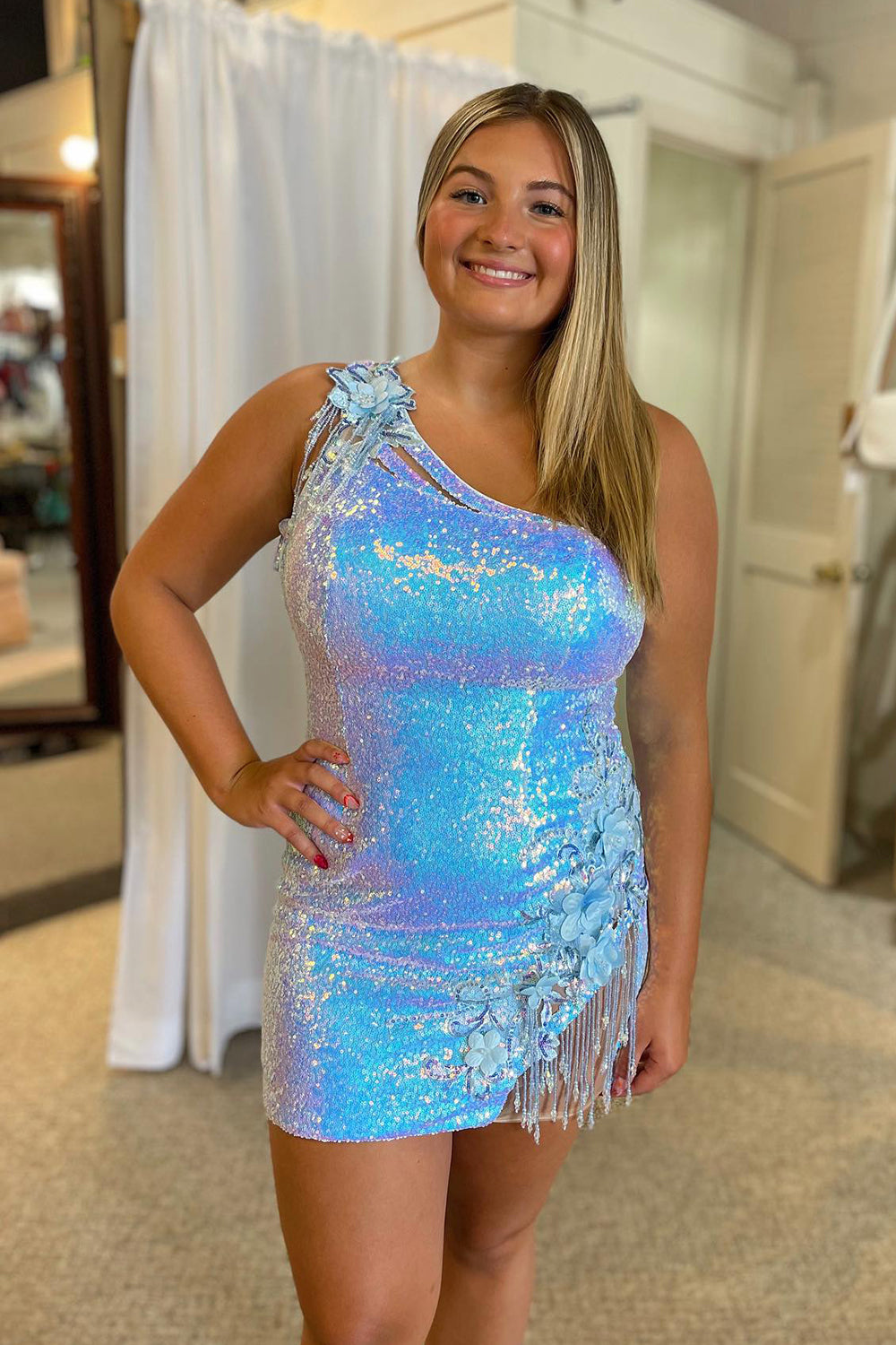 Misshow Sparkly Light Blue Sequin Fringed Floral Tight Short Homecoming Dress/Mini Dress