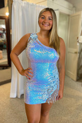 Misshow Sparkly Light Blue Sequin Fringed Floral Tight Short Homecoming Dress/Mini Dress