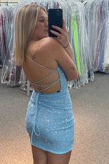 Misshow Sparkly Light Blue Sequin Lace-Up Back Short Homecoming Dress/Mini Dress