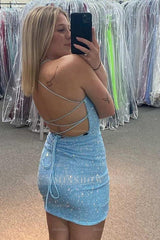 Misshow Sparkly Light Blue Sequin Lace-Up Back Short Homecoming Dress/Mini Dress